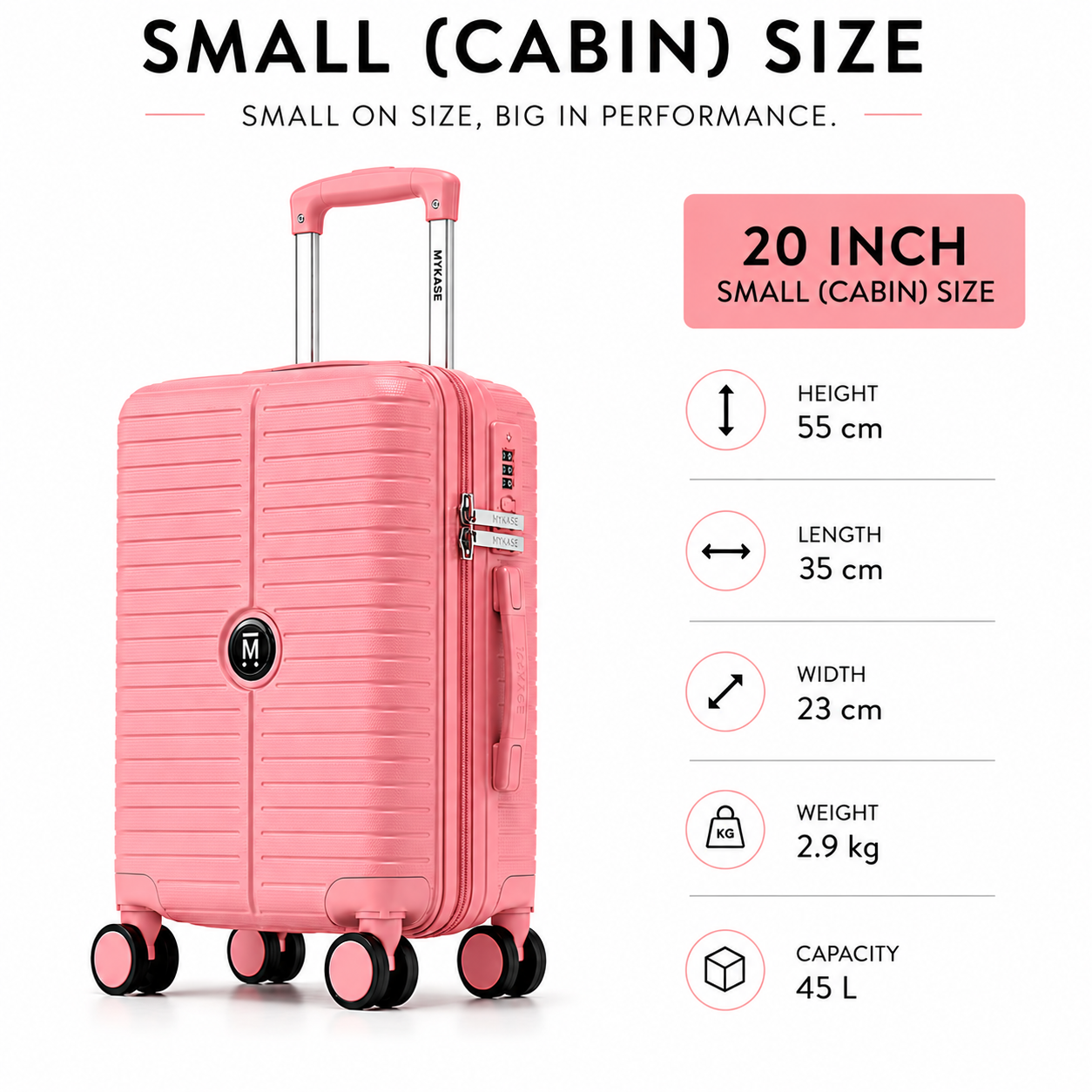 MYKASE Miami Series 8 Wheel 55 cm Cabin Trolley Bag, 100% Virgin Polypropylene, 360 Spinner Strong & Durable Wheels, Anti-Theft Zippers, 3-Year Warranty